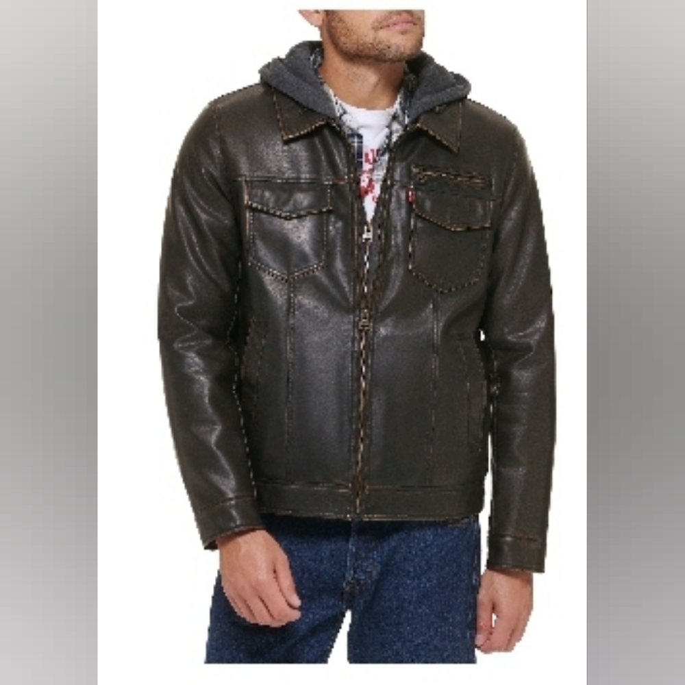 Men's Levis Faux Leather hooded trucker jacket, large, Dark brown